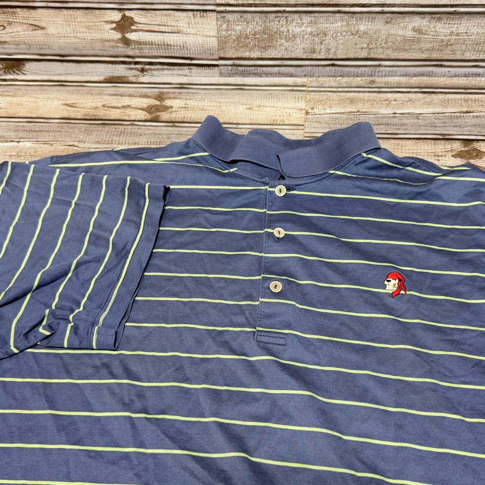 Peter Millar Mens XL Faded Blue Striped Pirate Logo Cotton Polo Shirt